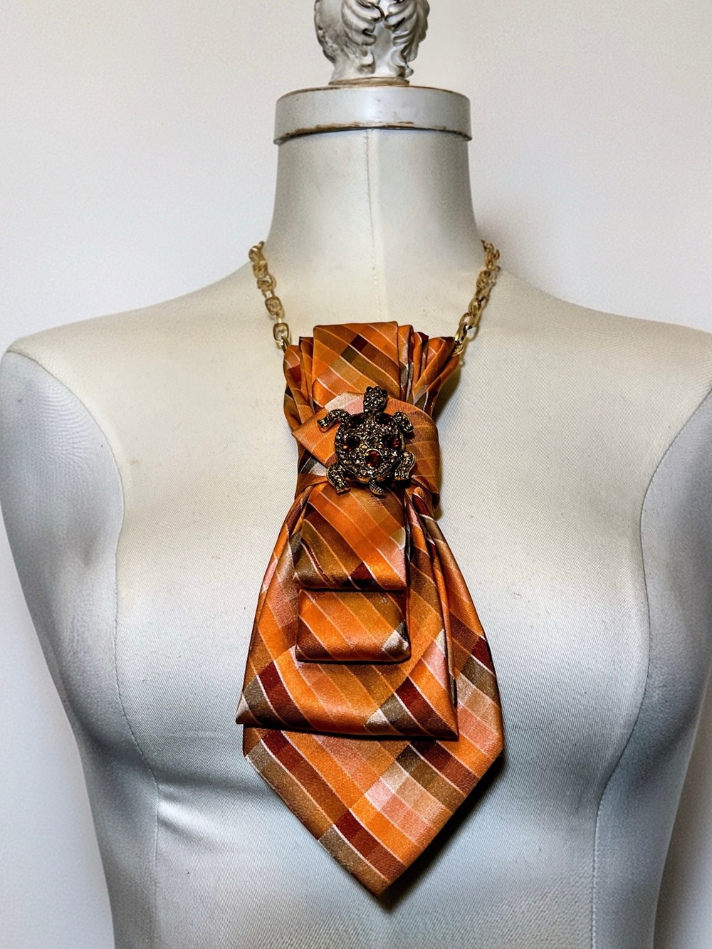 Gold-Tone Orange Plaid Statement Tie Necklace with Turtle Brooch